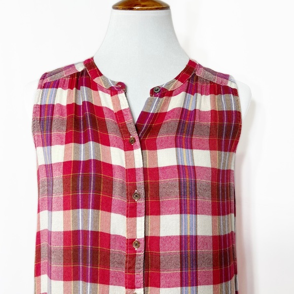Lucky Brand Colorful Plaid Sleeveless Buttondown Tunic Top, Red Pink White - Picture 5 of 10
